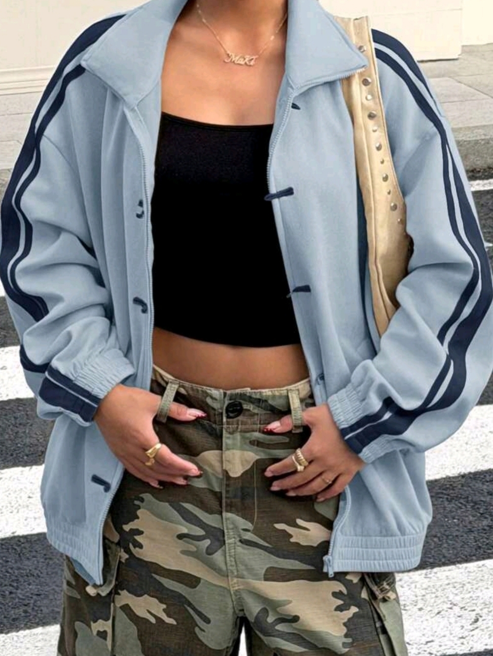 Light Blue Track-Style Zip Jacket with Navy Accents - Picture 6 of 6